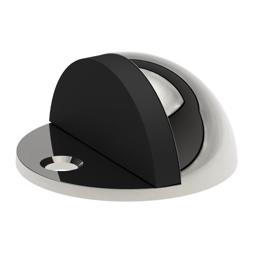 Style Finish Doorware dome door stop in polished stainless steel on a door threshold.