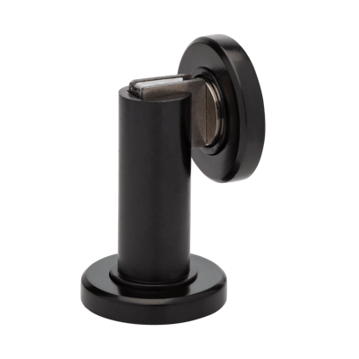 Black Zanda magnetic door stop attached to a door, showcasing modern architectural hardware in a sleek black finish.
