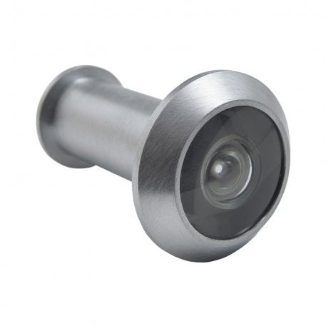 Zanda door viewer installed in a wooden door, showing a clear lens and brass finish for secure home entry.