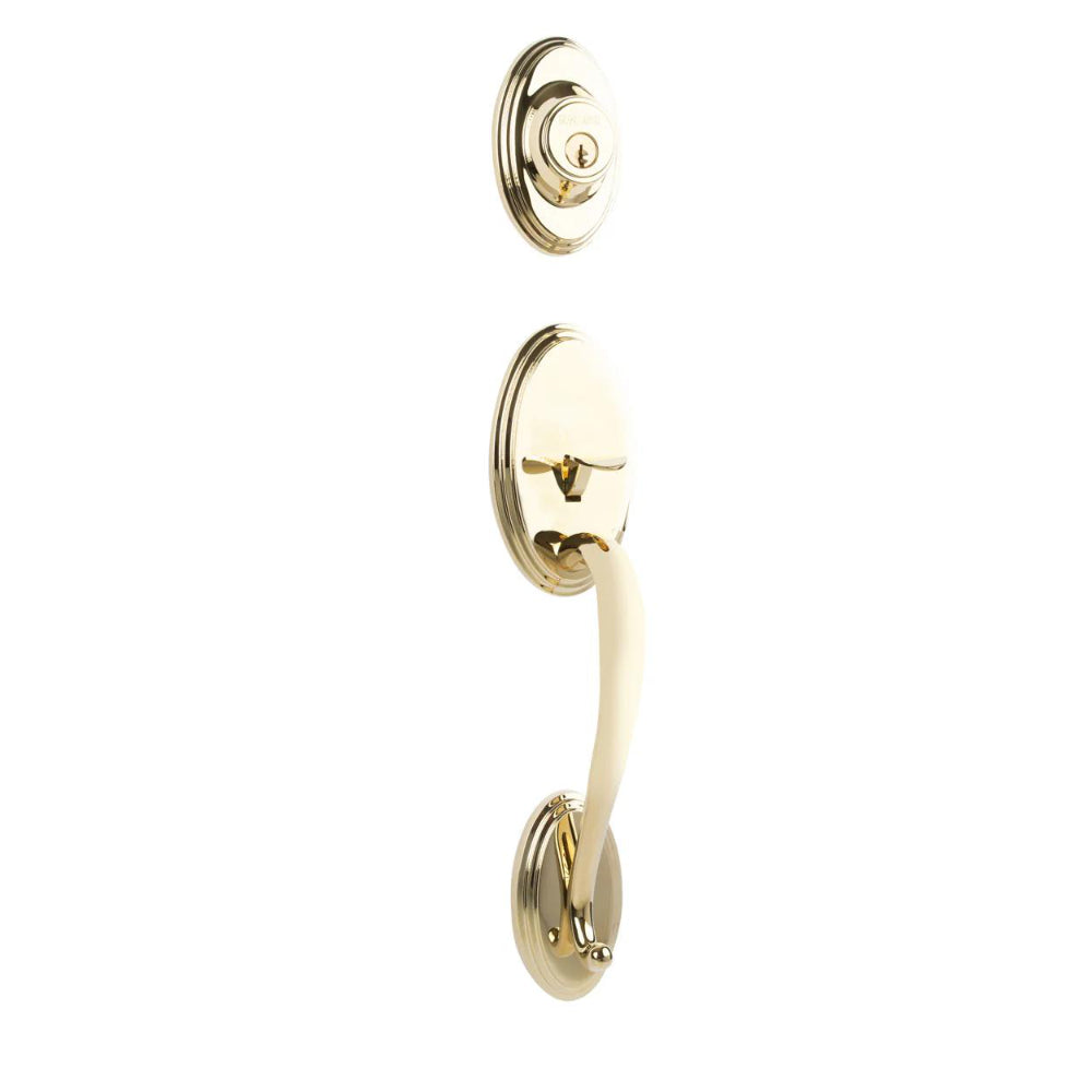 N2LOK Hardware N2LOK Somme single cylinder entrance set with Flutto lever handle, brass finish, and keyhole locking mechanism.