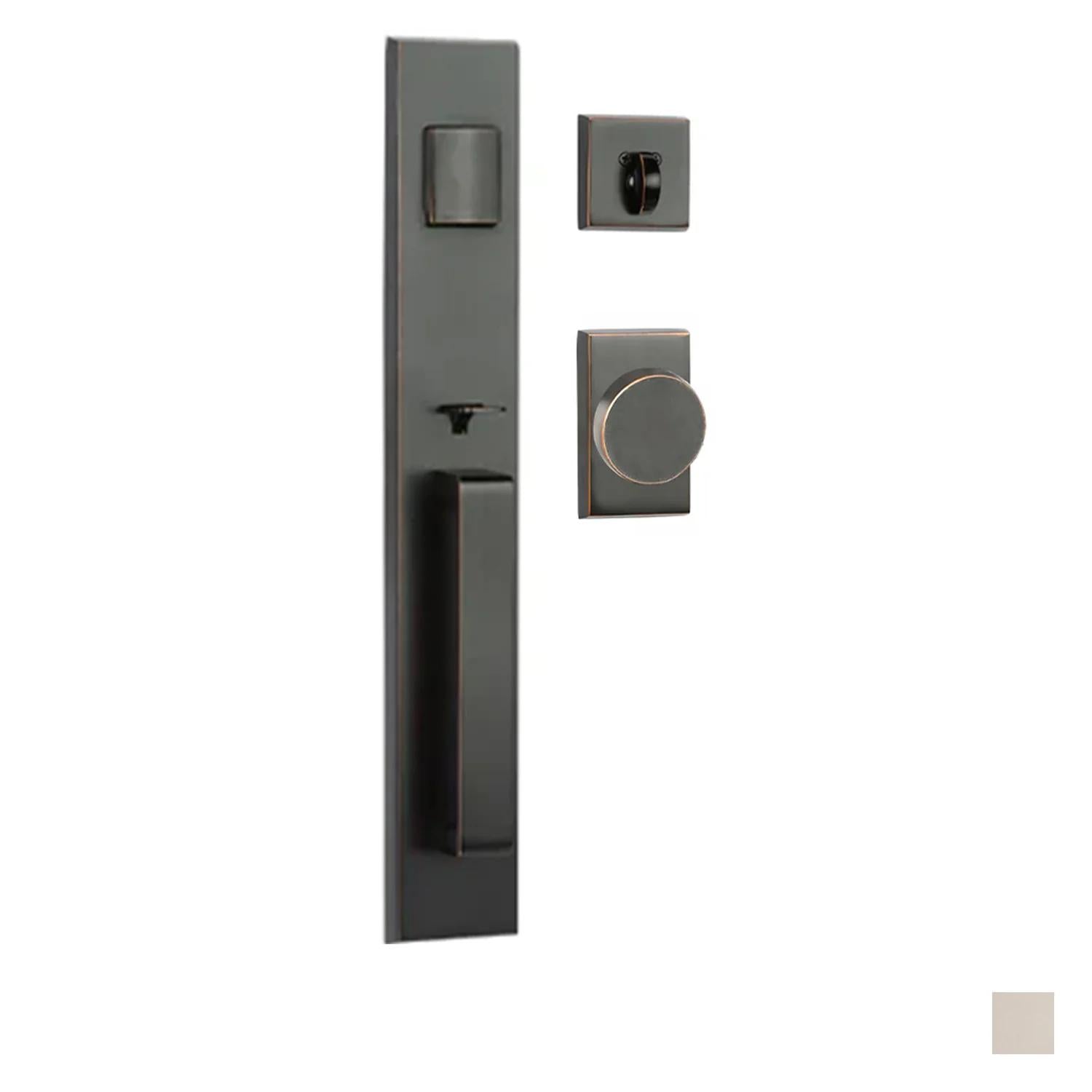 N2LOK Agrigento entrance set with flat knob and hardware for door installation, featuring modern metallic design.