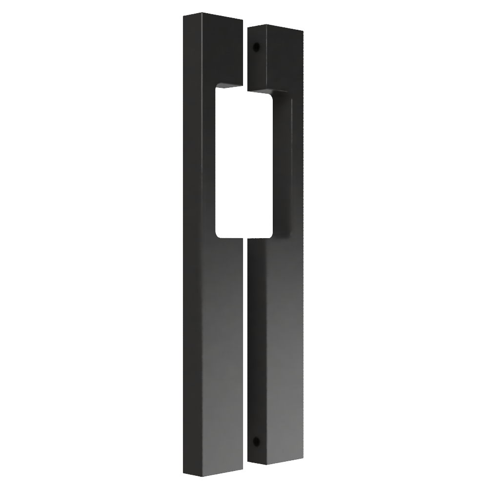 Pair of black M09 Blade Pulls with cutout design from Style Finish Doorware, featuring modern, sleek door hardware.