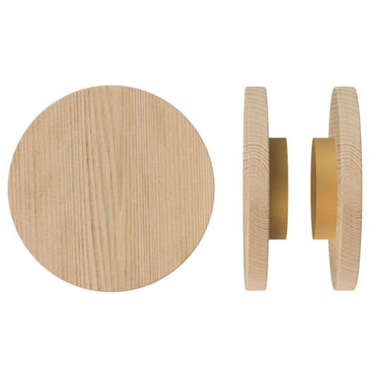 Pair T01 Timber Entrance Pull Handle, Victorian Ash, Back to Back Fixing, Ø300mm x Projection 68mm, in Raw Timber (ready to stain or paint) in Victorian Ash / Satin Anodised Brass
