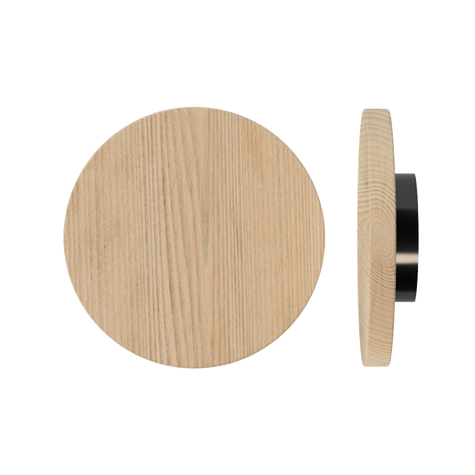 Single T01 Timber Entrance Pull Handle, Tasmanian Oak, Ø300mm x Projection 68mm, in Raw Timber (ready to stain or paint) in Tasmanian Oak / Satin Anodised Gun Metal