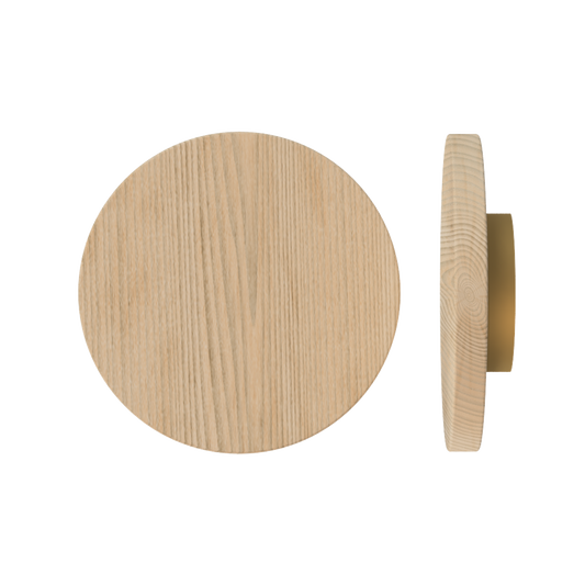 Single T01 Timber Entrance Pull Handle, Tasmanian Oak, Ø300mm x Projection 68mm, in Raw Timber (ready to stain or paint) in Tasmanian Oak / Satin Anodised Brass