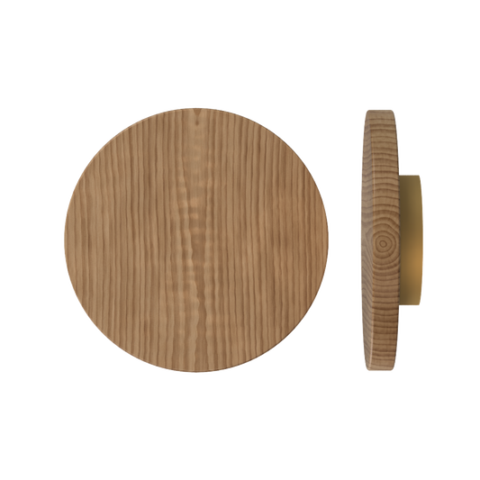 Single T01 Timber Entrance Pull Handle, American Walnut, Ø300mm x Projection 68mm, in Raw Timber (ready to stain or paint) in Black Walnut / Satin Anodised Brass