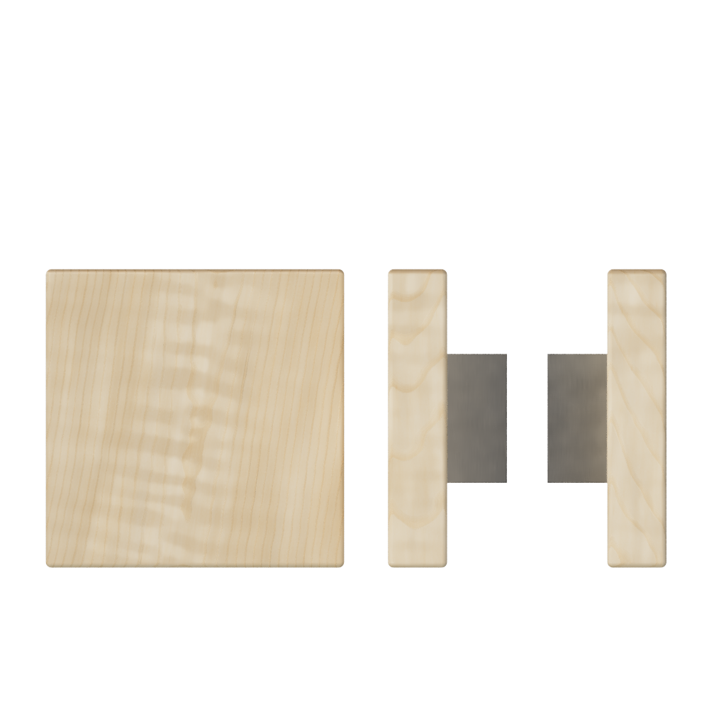 Pair of T03 Timber Pull Handles in American Oak, 150mm x 150mm, by Style Finish Doorware, shown on a door surface.