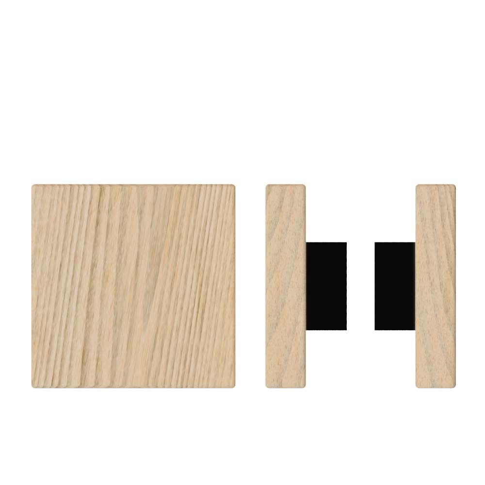 Pair of T03 Timber Pull Handles in Tasmanian Oak, 150mm x 150mm, by Style Finish Doorware, shown on a door.