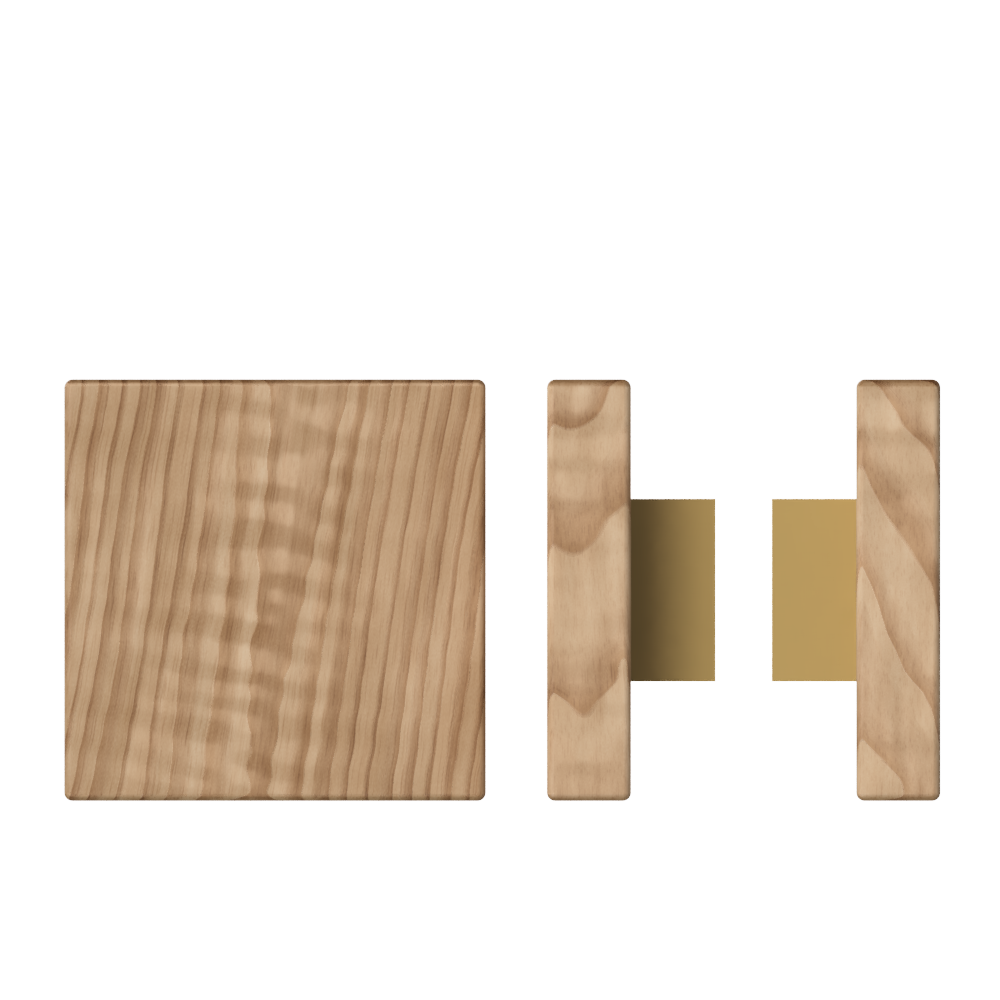 Pair of T03 Timber pull handles in American Walnut by Style Finish Doorware, 150mm x 150mm, mounted on a door.