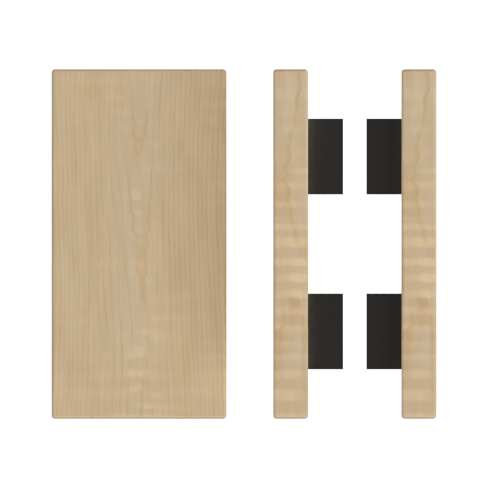 Pair of Style Finish Doorware T04 Timber Pull Handles in American Oak, 300mm length, 150mm width, with black finish.