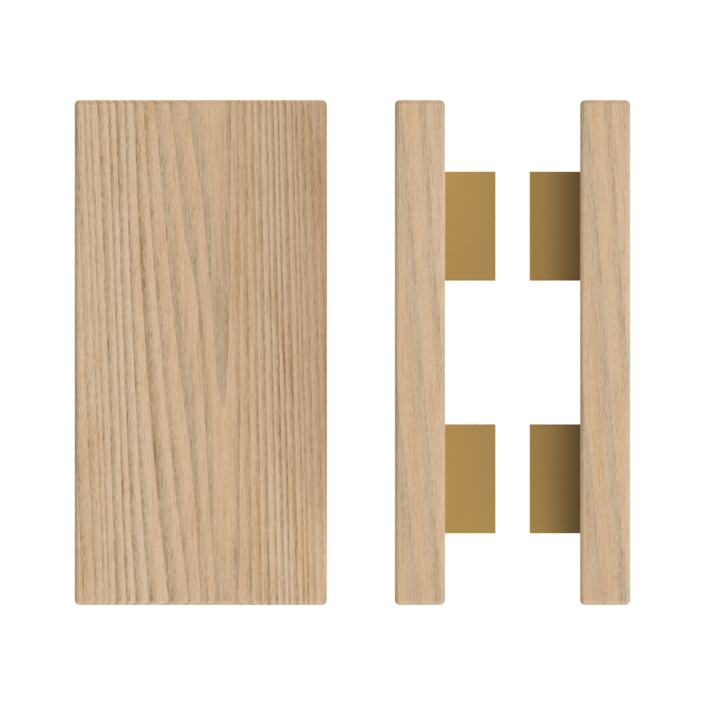 Pair T04 Timber Entrance Pull Handle, Tasmanian Oak, Back to Back Pair, 300mm x 150mm x Projection 68mm, Coated in Hard Wax (accentuates rich colours) in Tasmanian Oak / Satin Anodised Brass