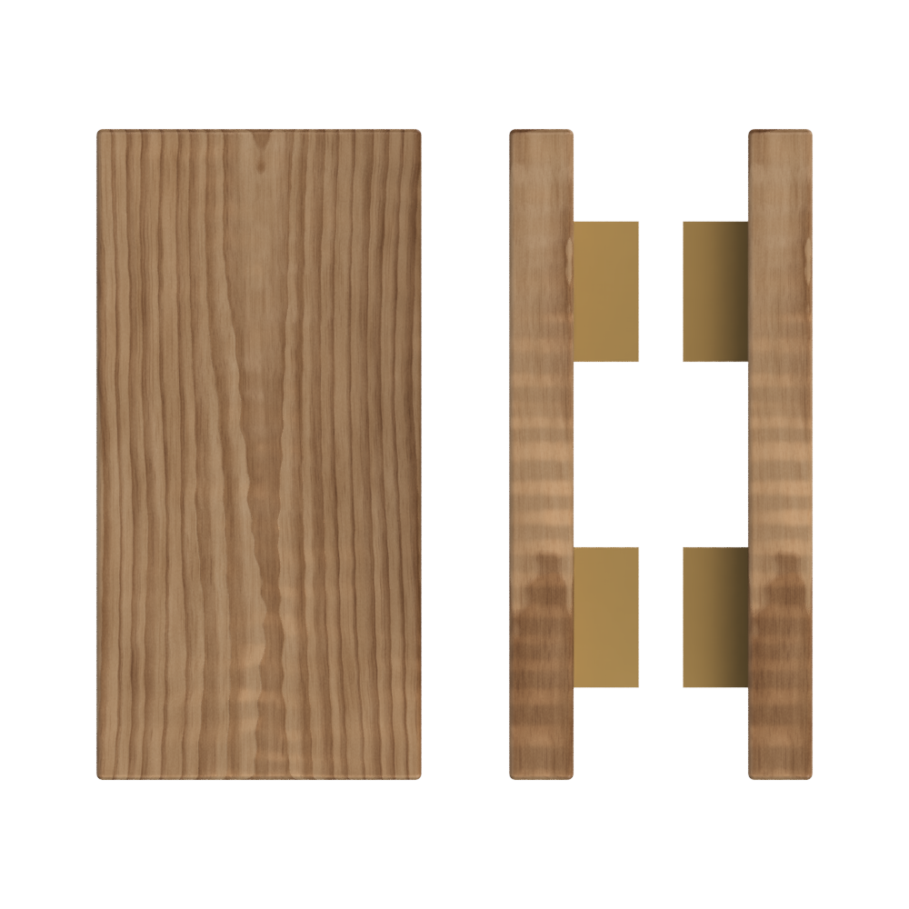 Pair of T04 Timber pull handles in American Walnut by Style Finish Doorware, measuring 300mm long and 150mm wide.