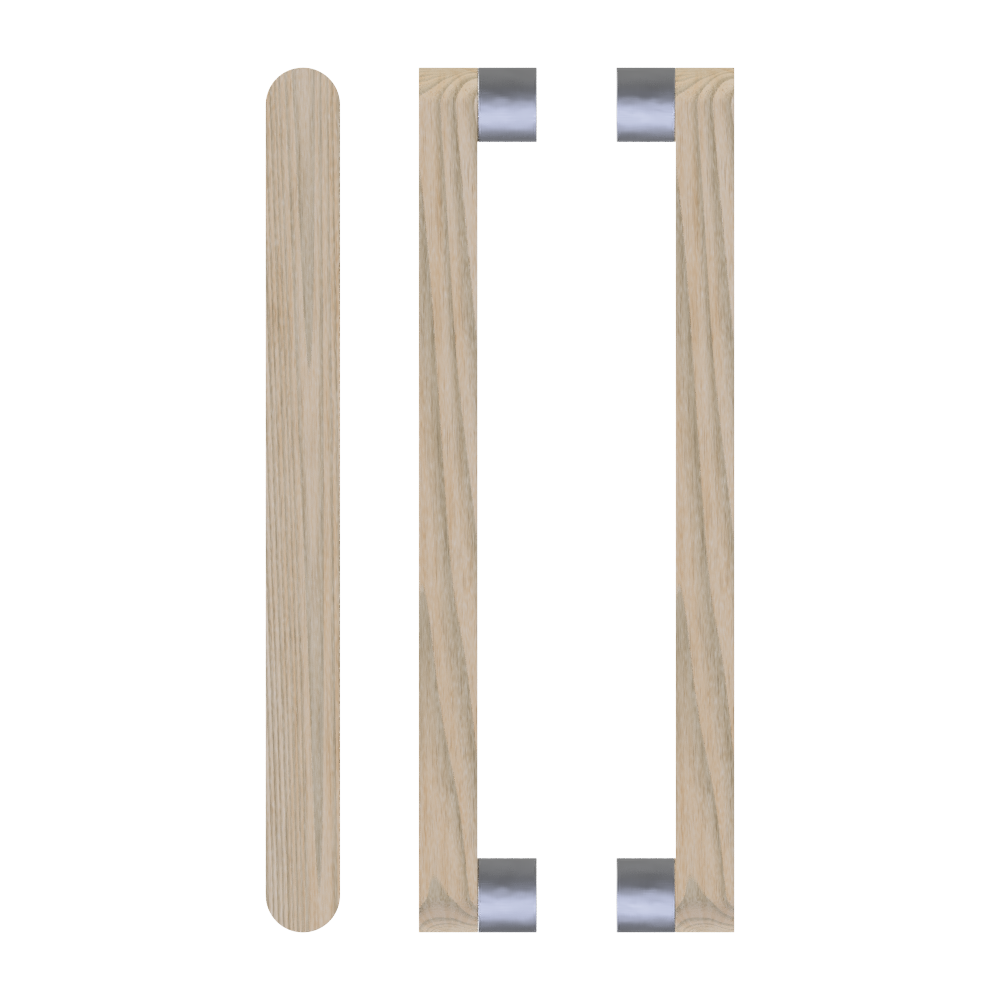 Pair of T05 Timber Pull Handles in Tasmanian Oak by Style Finish Doorware, showing smooth wood grain and modern design.