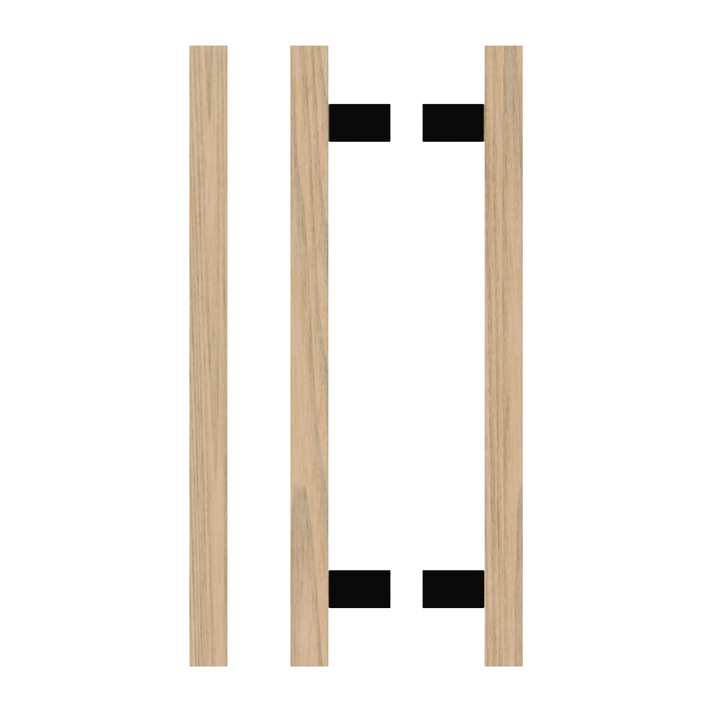Pair of T06 Timber Pull Handles in Tasmanian Oak by Style Finish Doorware, featuring smooth wood grain and ergonomic design.