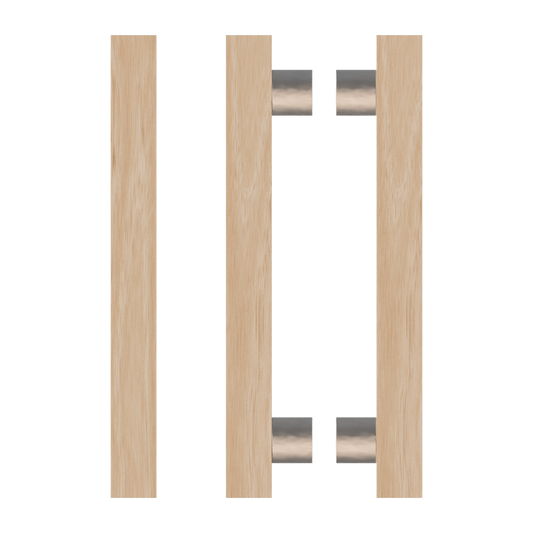 Pair T07 Timber Entrance Pull Handle, Victorian Ash, Back to Back Pair, CTC800mm, H1000mm x 40mm x 40mm x Projection 85mm, in Raw Timber (ready to stain or paint) in Victorian Ash / Satin Anodised Nickel