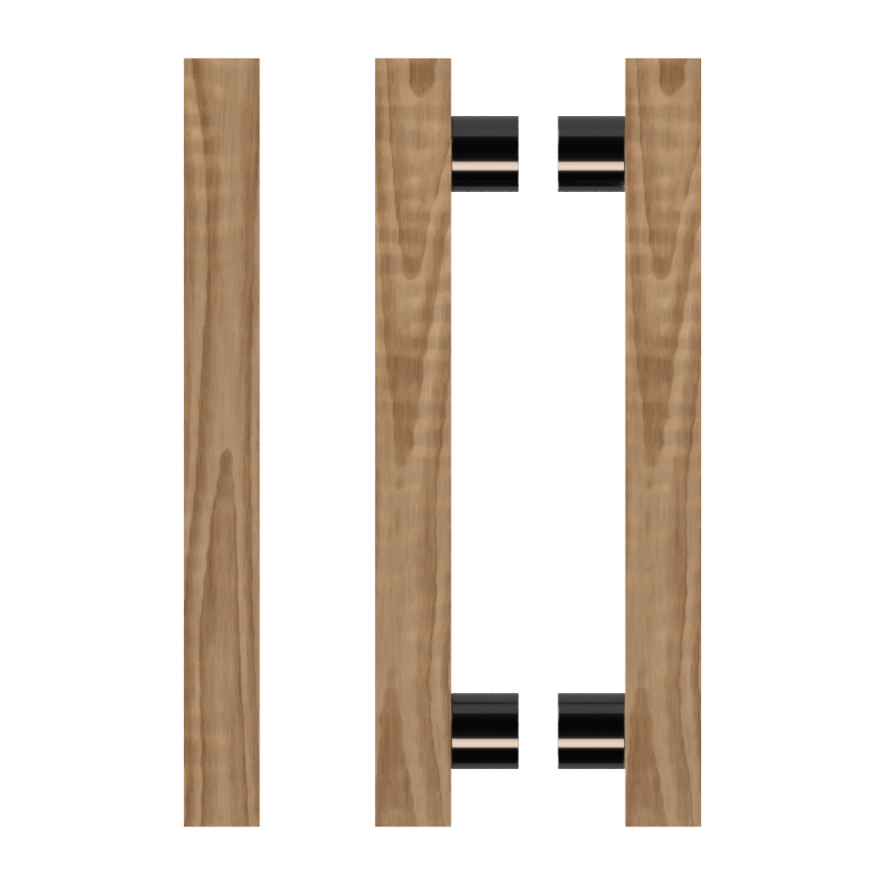 Pair of Style Finish Doorware T07 Timber Pull Handles in American Walnut with black accents, featuring sleek wood design.