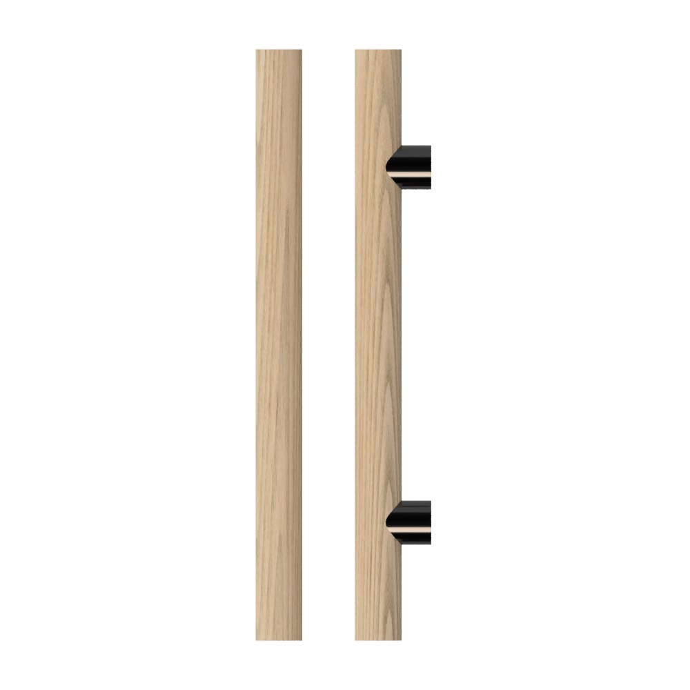 Stylish T08 Timber Pull Handle in Tasmanian Oak from Style Finish Doorware, showing a single sleek door handle on a wooden surface.