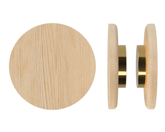 Pair T11 Timber Entrance Pull Handle, Tasmanian Oak, Back to Back Fixing, Ø300mm x Projection 68mm, in Raw Timber (ready to stain or paint) in Tasmanian Oak / Satin Anodised Brass