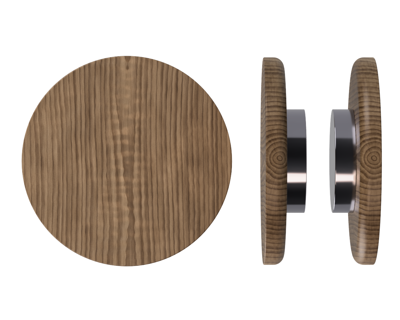 Pair of Style Finish Doorware T11 Timber Pull Handles in natural American Walnut with gray mounting hardware.