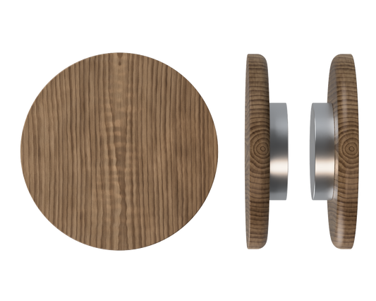 Pair T11 Timber Entrance Pull Handle, American Walnut, Back to Back Fixing, Ø300mm x Projection 68mm, in Raw Timber (ready to stain or paint) in Black Walnut / Satin Anodised Nickel