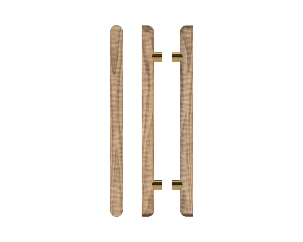Pair of T12 Timber Pull Handles in American Walnut by Style Finish Doorware, showing the sleek wood grain and modern design.