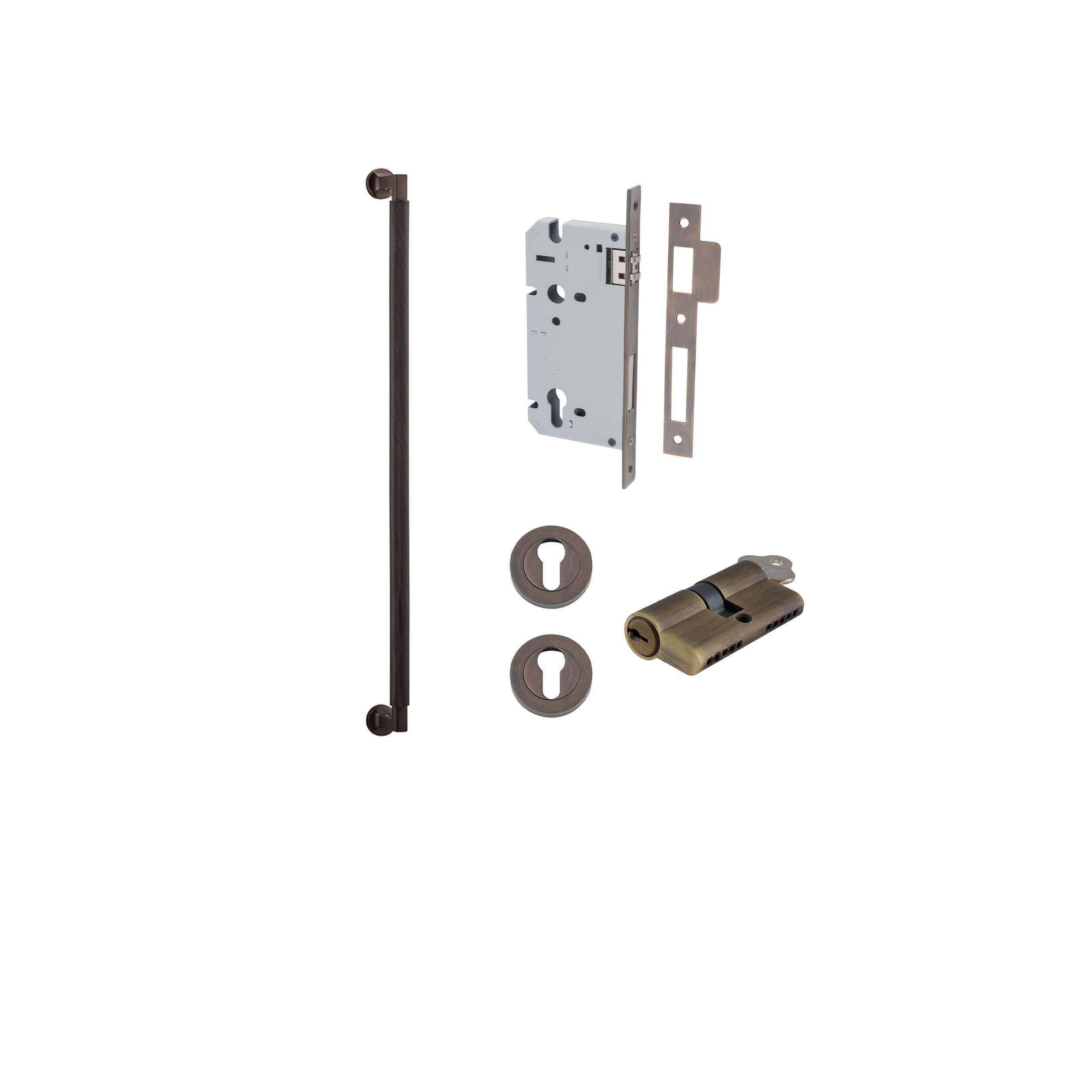 Pull Handle Brunswick Euro Pair Signature Brass L635xW22xP63mm CTC600 mm BPD35mm, Mortice Lock Roller Euro Signature Brass CTC85mm Backset 60mm, Euro Cylinder Dual Function 5 Pin 65mm KA4, Escutcheon Euro Concealed Fix Round Pair D52xP10mm in Signature Brass