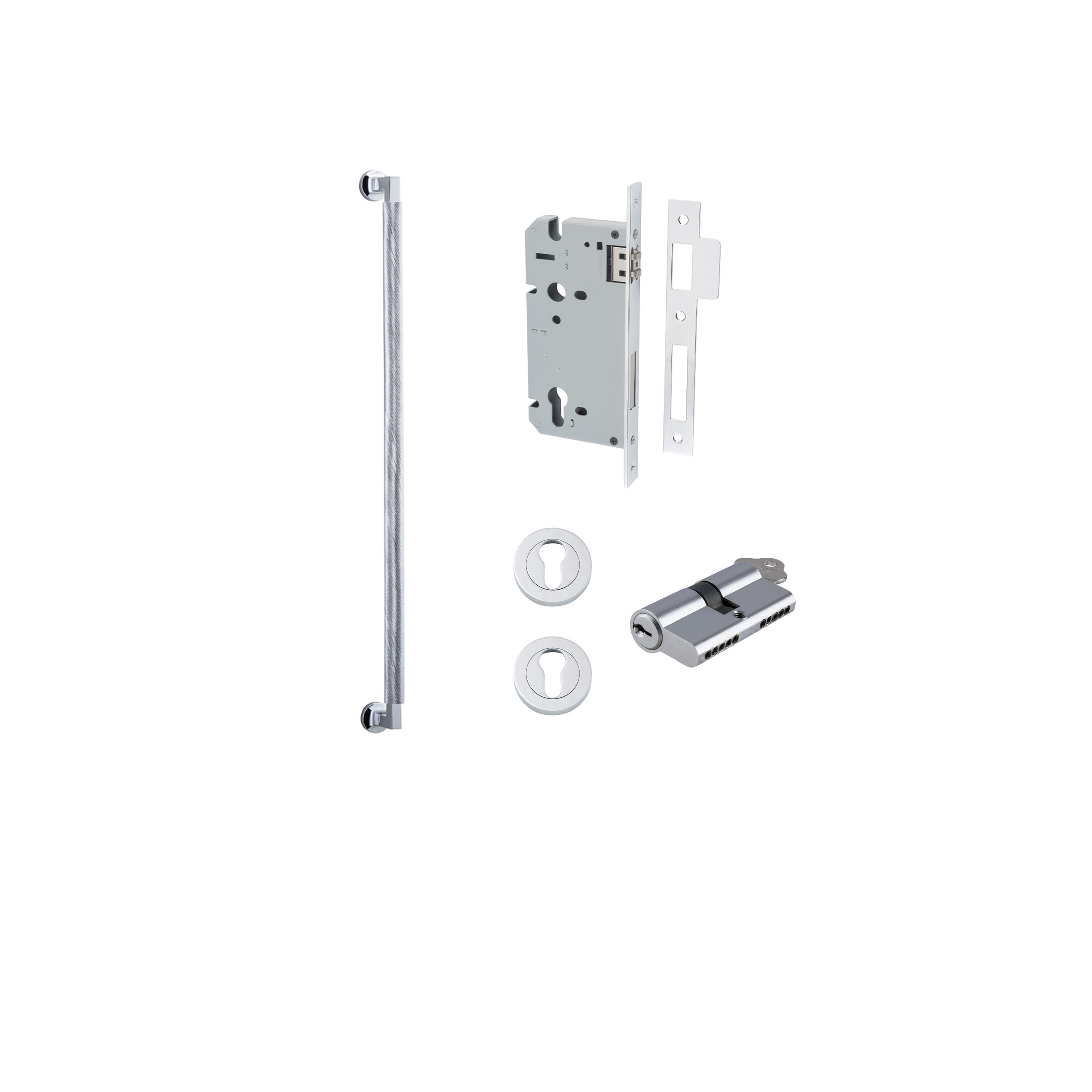 Pull Handle Brunswick Euro Pair Polished Chrome L635xW22xP63mm CTC600 mm BPD35mm, Mortice Lock Roller Euro Polished Chrome CTC85mm Backset 60mm, Euro Cylinder Dual Function 5 Pin 65mm KA4, Escutcheon Euro Concealed Fix Round Pair D52xP10mm in Polished Chrome