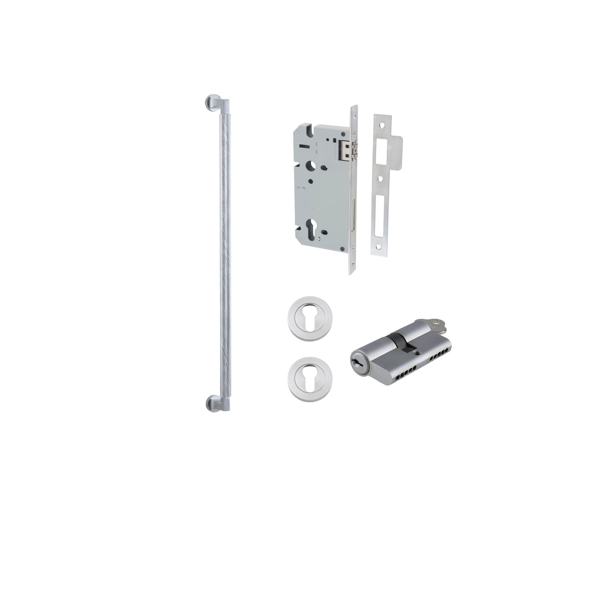 Iver Brunswick pull handle entrance kit with key, featuring a sleek metal door handle and lock mechanism for secure entry.