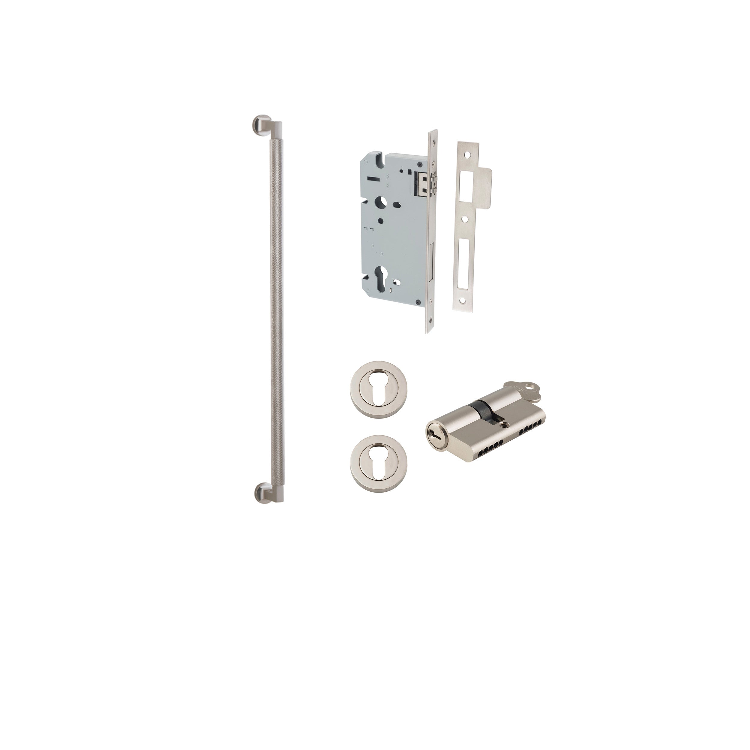 Pull Handle Brunswick Euro Pair Satin Nickel L635xW22xP63mm CTC600 mm BPD35mm, Mortice Lock Roller Euro Satin Nickel CTC85mm Backset 60mm, Euro Cylinder Dual Function 5 Pin 65mm KA4, Escutcheon Euro Concealed Fix Round Pair Satin Nickel D52xP10mm in Satin Nickel