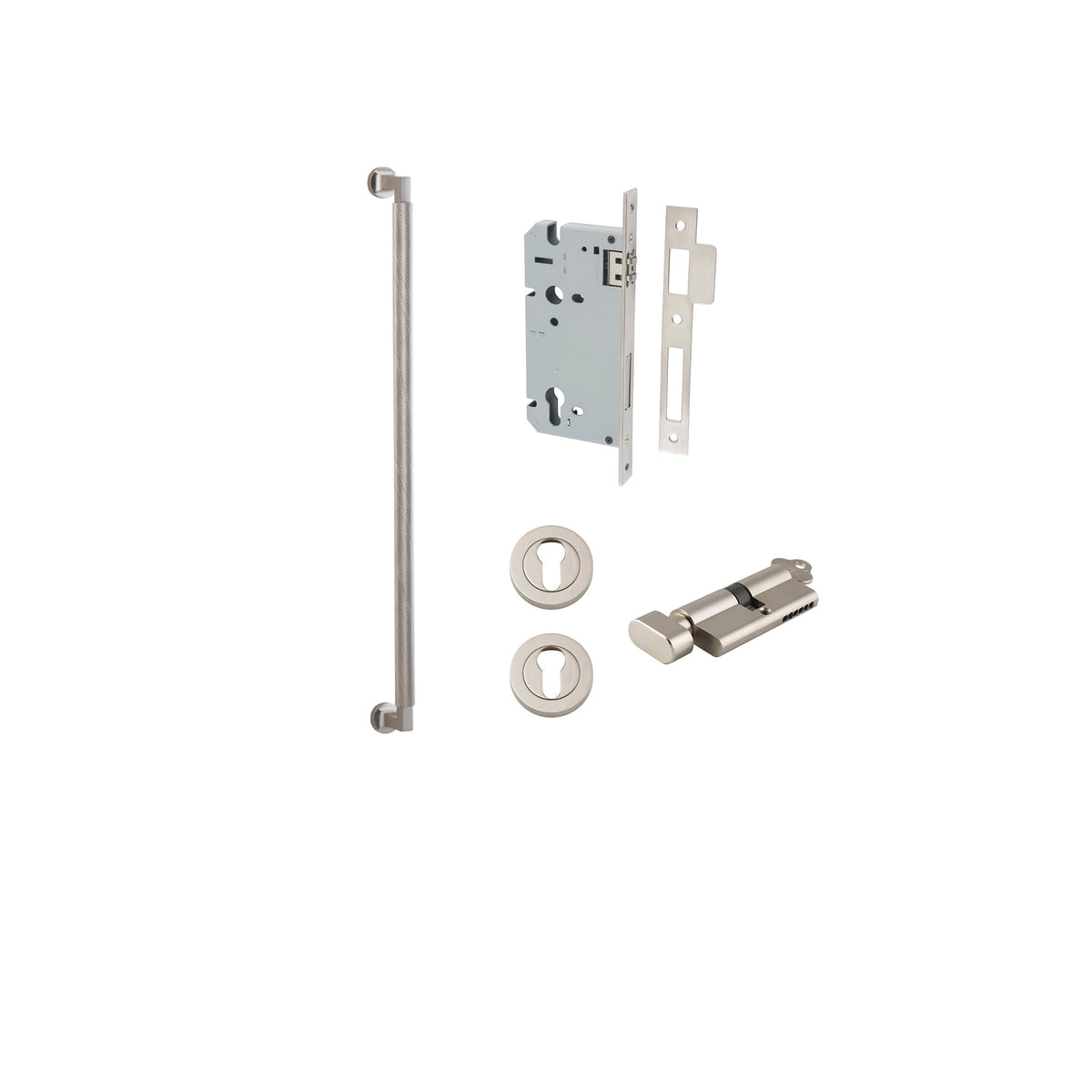 Iver Brunswick pull handle entrance kit with key and thumbturn, featuring sleek metal design for secure door access.