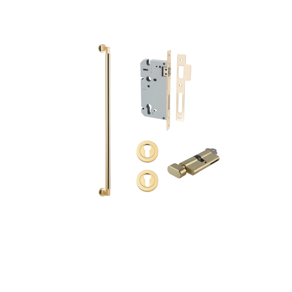 Pull Handle Berlin Euro Pair Polished Brass L635xW22xP63mm CTC600 mm BPD35mm, Mortice Lock Roller Euro Polished Brass CTC85mm Backset 60mm, Euro Cylinder Key Thumb 5 Pin 65mm KA4, Escutcheon Euro Concealed Fix Round Pair D52xP10mm in Polished Brass