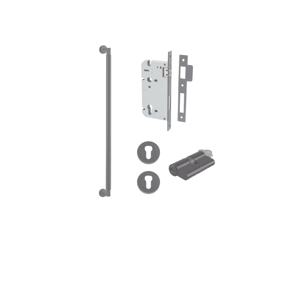 Pull Handle Berlin Euro Pair Matt Black L635xW22xP63mm CTC600 mm BPD35mm, Mortice Lock Roller Euro Matt Black CTC85mm Backset 60mm, Euro Cylinder Dual Function 5 Pin Matt Black 65mm KA4, Escutcheon Euro Concealed Fix Round Pair Matt Black D52xP10mm in Matt Black