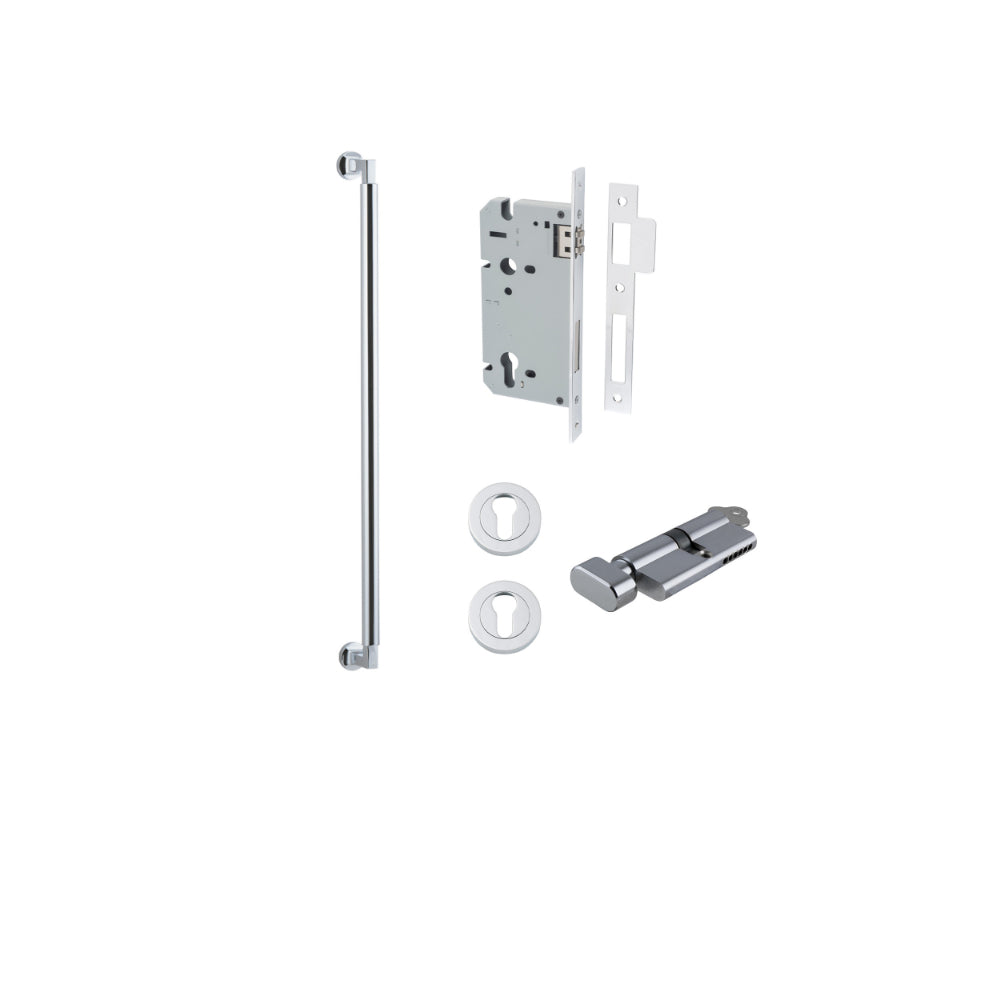Pull Handle Berlin Euro Pair Polished Chrome L635xW22xP63mm CTC600 mm BPD35mm, Mortice Lock Roller Euro Polished Chrome CTC85mm Backset 60mm, Euro Cylinder Key Thumb 5 Pin 65mm KA4, Escutcheon Euro Concealed Fix Round Pair D52xP10mm in Polished Chrome