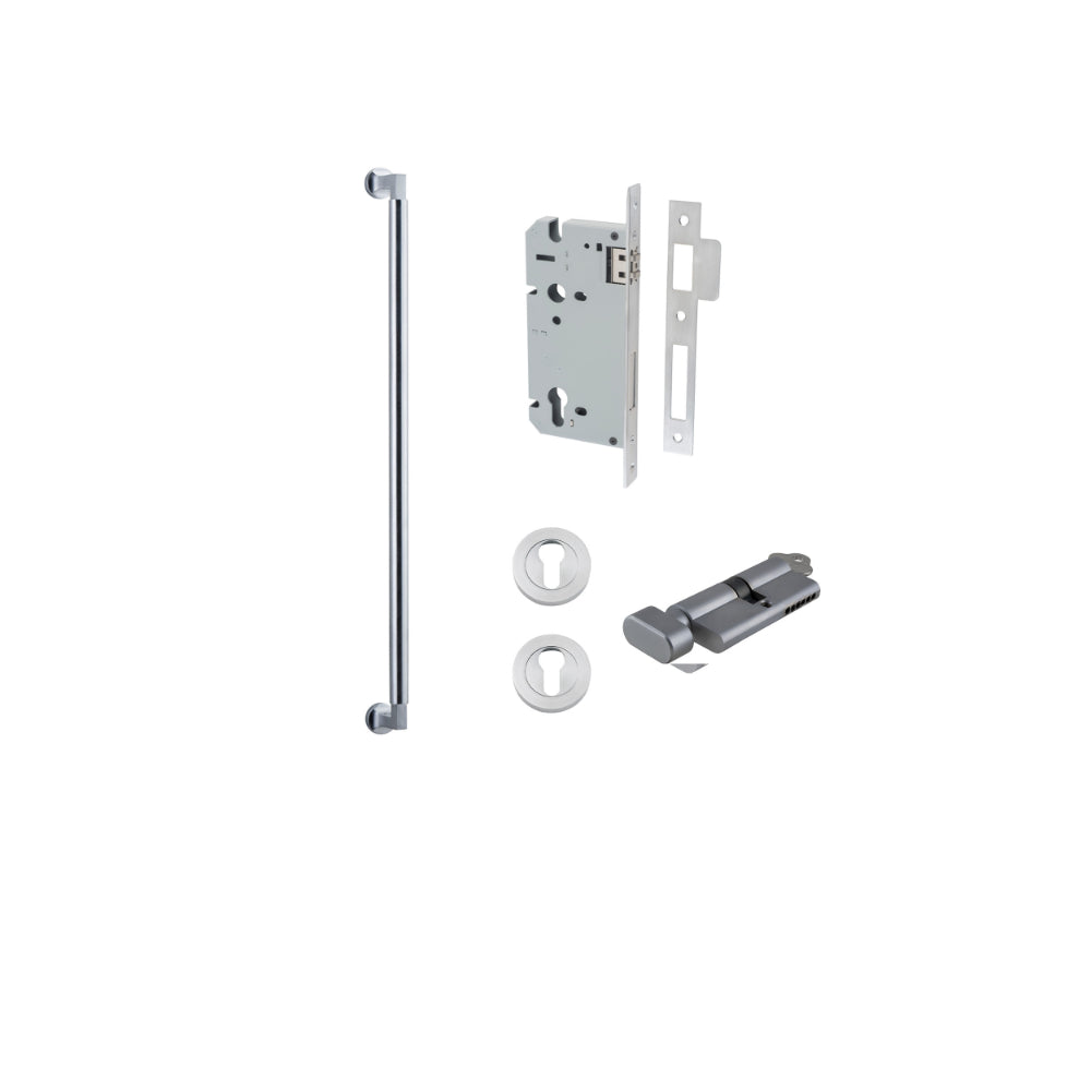 Pull Handle Berlin Euro Pair Brushed Chrome L635xW22xP63mm CTC600 mm BPD35mm, Mortice Lock Roller Euro Brushed Chrome CTC85mm Backset 60mm, Euro Cylinder Key Thumb 5 Pin 65mm KA4, Escutcheon Euro Concealed Fix Round Pair D52xP10mm in Brushed Chrome