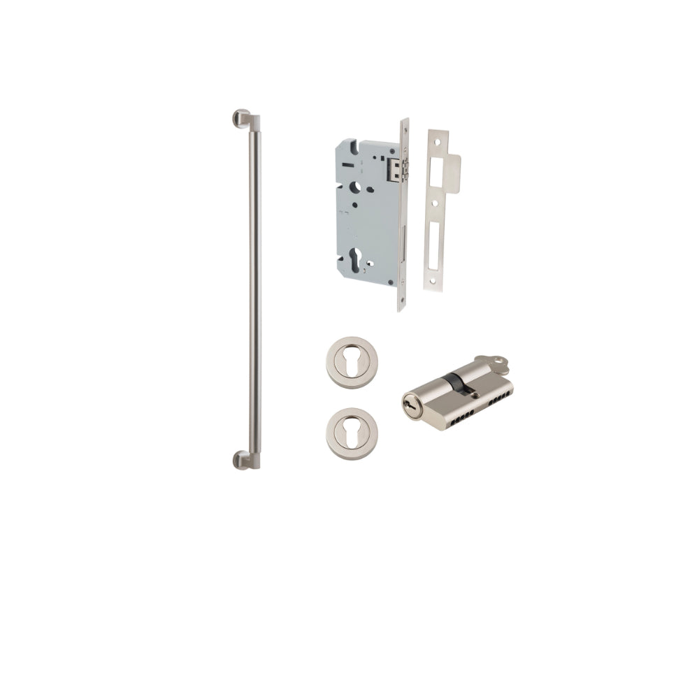 Pull Handle Berlin Euro Pair Satin Nickel L635xW22xP63mm CTC600 mm BPD35mm, Mortice Lock Roller Euro Satin Nickel CTC85mm Backset 60mm, Euro Cylinder Dual Function 5 Pin Satin Nickel 65mm KA4, Escutcheon Euro Concealed Fix Round Pair D52xP10mm in Satin Nickel