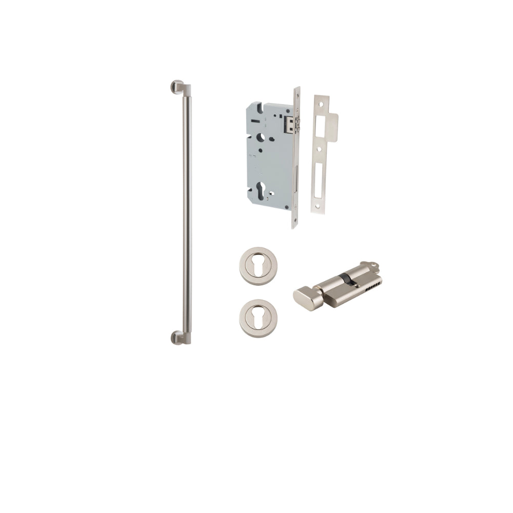 Pull Handle Berlin Euro Pair Satin Nickel L635xW22xP63mm CTC600 mm BPD35mm, Mortice Lock Roller Euro Satin Nickel CTC85mm Backset 60mm, Euro Cylinder Key Thumb 5 Pin Satin Nickel 65mm KA4, Escutcheon Euro Concealed Fix Round Pair D52xP10mm in Satin Nickel