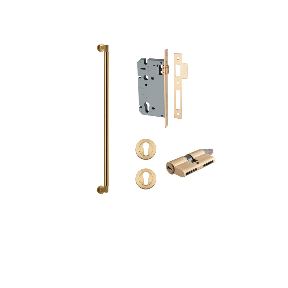 Pull Handle Berlin Euro Pair Brushed Brass L635xW22xP63mm CTC600 mm BPD35mm, Mortice Lock Roller Euro Brushed Brass CTC85mm Backset 60mm, Euro Cylinder Dual Function 5 Pin Brushed Brass 65mm KA4, Escutcheon Euro Concealed Fix Round Pair D52xP10mm in Brushed Brass