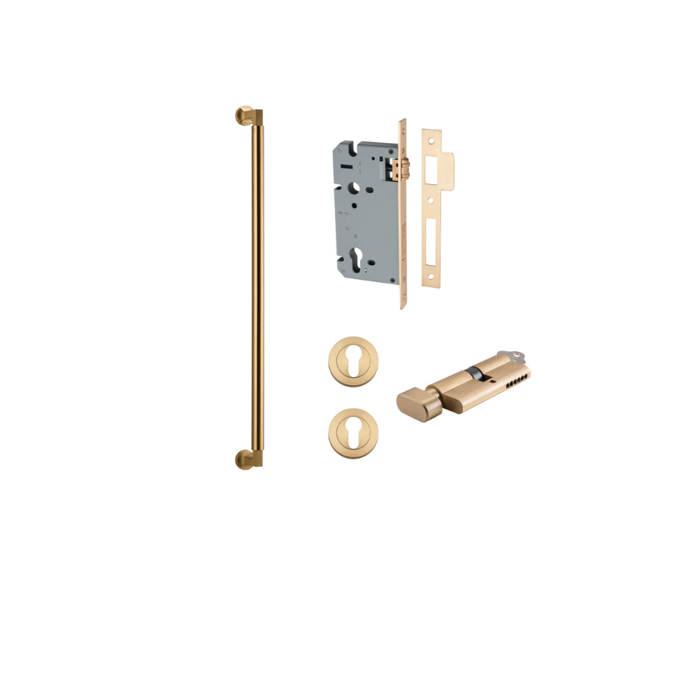 Pull Handle Berlin Euro Pair Brushed Brass L635xW22xP63mm CTC600 mm BPD35mm, Mortice Lock Roller Euro Brushed Brass CTC85mm Backset 60mm, Euro Cylinder Key Thumb 5 Pin Brushed Brass 65mm KA4, Escutcheon Euro Concealed Fix Round Pair D52xP10mm in Brushed Brass