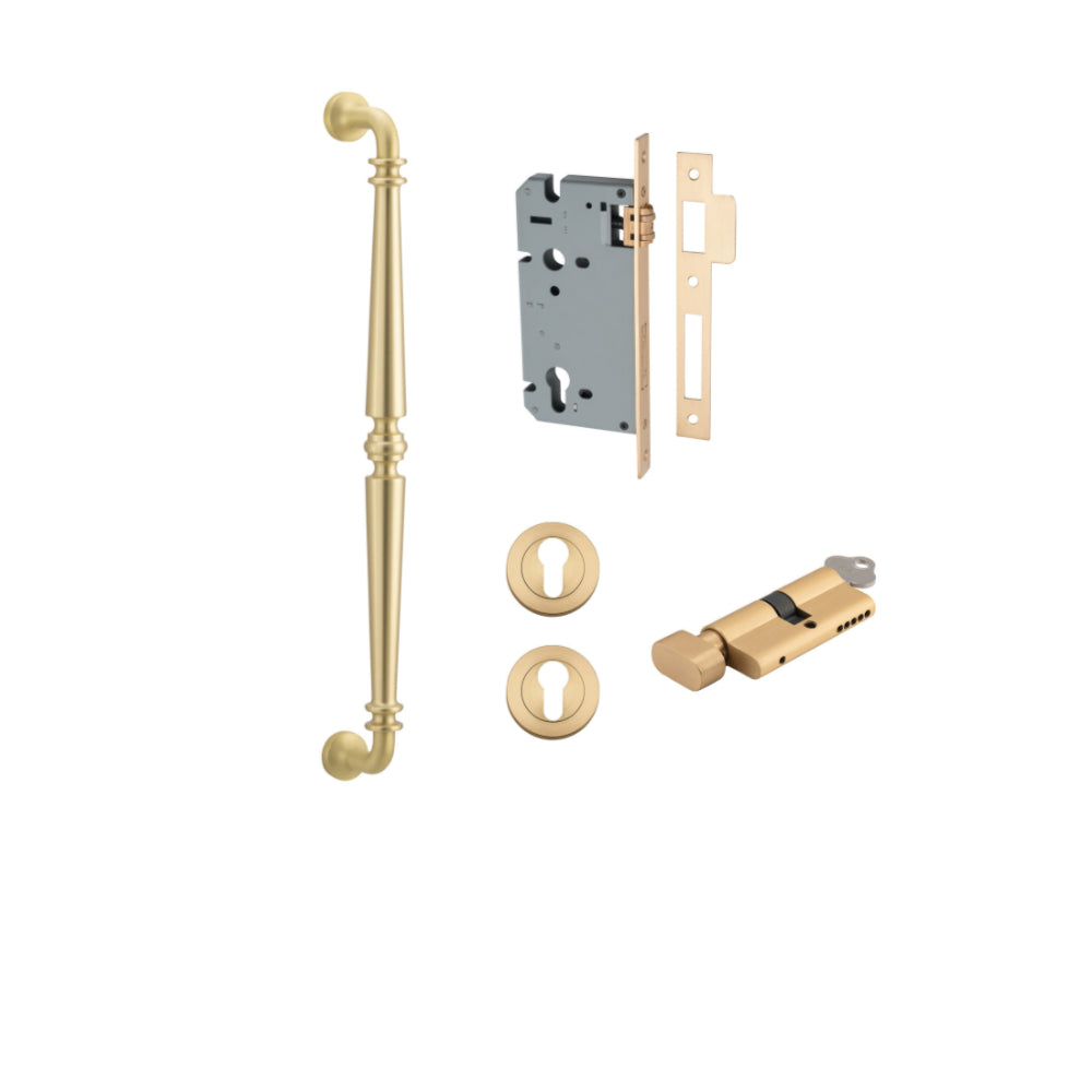 Pull Handle Sarlat Brushed Gold PVD L485xW32xP72mm BP35mm CTC450mm Entrance Kit, Mortice Lock Roller Euro BG PVD CTC85mm Backset 60mm, Euro Cylinder Key Thumb 6 Pin Satin Brass L70mm KA1, Escutcheon Euro Concealed Fix Round Pair BG PVD D52xP10mm in Brushed Gold PVD