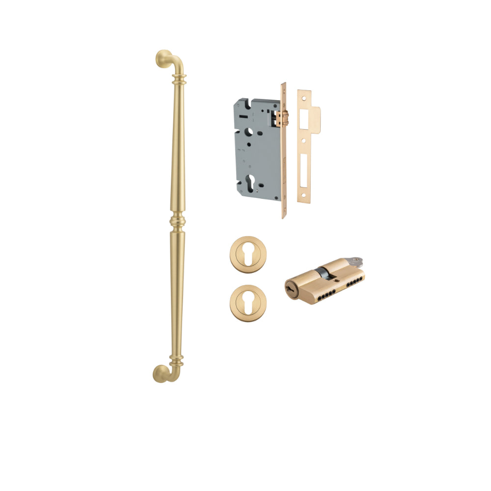 Pull Handle Sarlat Brushed Gold PVD L635xW32xP72mm BP35mm CTC600mm Entrance Kit, Mortice Lock Roller Euro BG PVD CTC85mm Backset 60mm, Euro Cylinder Dual Function 5 Pin Satin Brass L65mm KA1, Escutcheon Euro Concealed Fix Round Pair BG PVD D52xP10mm in Brushed Gold PVD