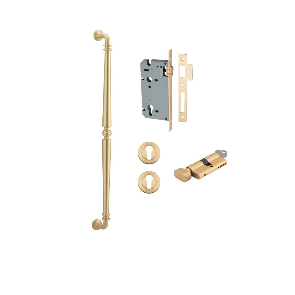 Pull Handle Sarlat Brushed Gold PVD L635xW32xP72mm BP35mm CTC600mm Entrance Kit, Mortice Lock Roller Euro BG PVD CTC85mm Backset 60mm, Euro Cylinder Key Thumb 6 Pin Satin Brass L70mm KA1, Escutcheon Euro Concealed Fix Round Pair BG PVD D52xP10mm in Brushed Gold PVD