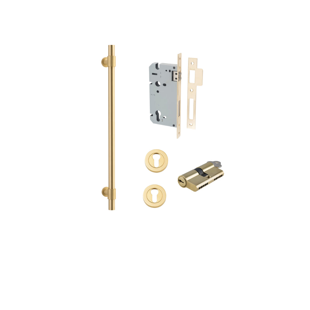 Pull Handle Helsinki Brushed Gold PVD L560xD22xP66mm BP35mm CTC450mm Ent Kit, Mortice Lock Roller Euro Brushed Gold PVD CTC85 Backset 60, Euro Cylinder Dual Func 5 Pin Satin Brass L65 KA1, Escutcheon Euro Con Fix Rnd Pair Brushed Gold PVD D52xP10mm in Brushed Gold PVD