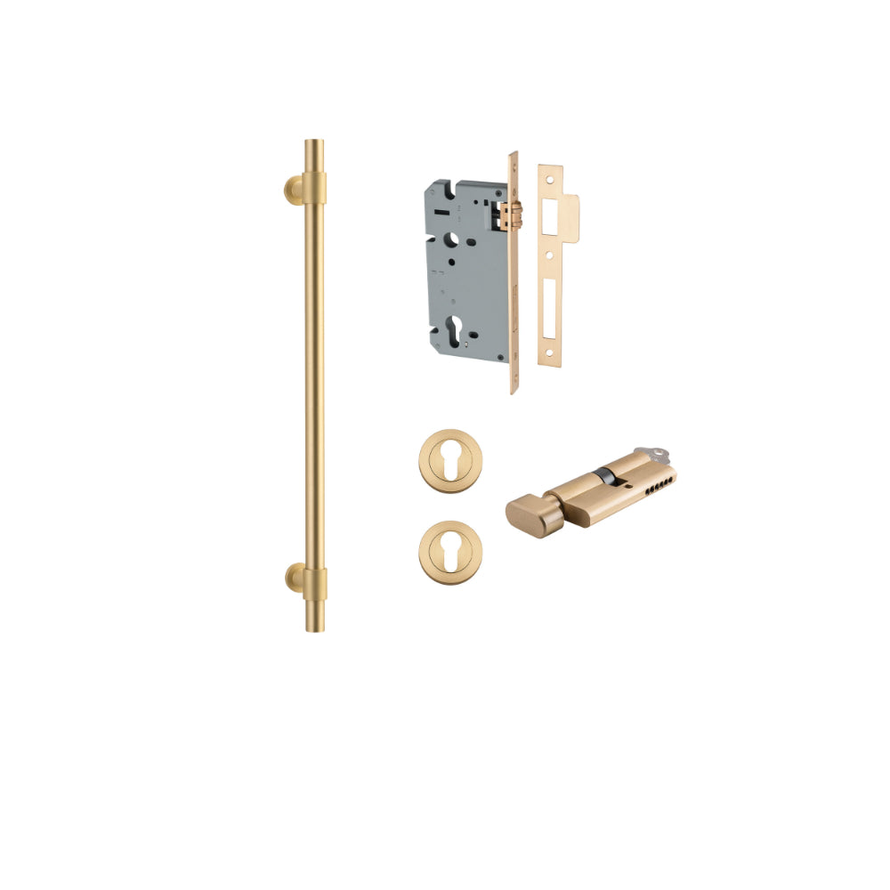 Pull Handle Helsinki Brushed Gold PVD L560xD22xP66mm BP35mm CTC450mm Ent Kit, Mortice Lock Roller Euro Brushed Gold PVD CTC85 Backset 60, Euro Cylinder Key Thumb 6 Pin Satin Brass L70 KA1, Escutcheon Euro Con Fix Rnd Pair Brushed Gold PVD D52xP10mm in Brushed Gold PVD