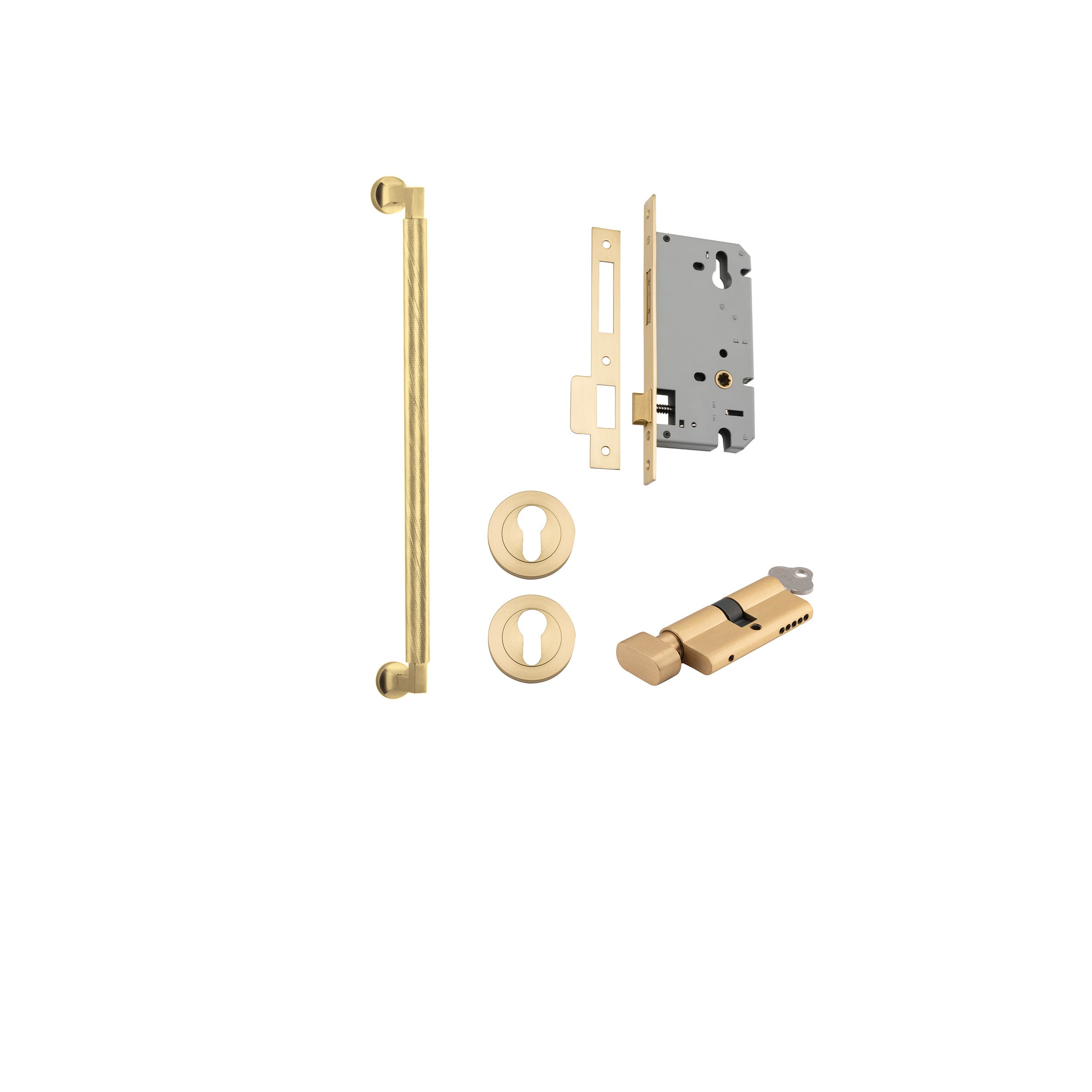 Pull Handle Brunswick Brushed Gold PVD L485xW22xP63mm BP35mm CTC450mm Entrance Kit, Mortice Lock Roller Euro Brushed Gold PVD CTC85mm Backset 60, Euro Cylinder Key Thumb 6 Pin Satin Brass L70 KA1, Escutcheon Euro Conc Fix Rnd Pair BG PVD D52xP10mm in Brushed Gold PVD