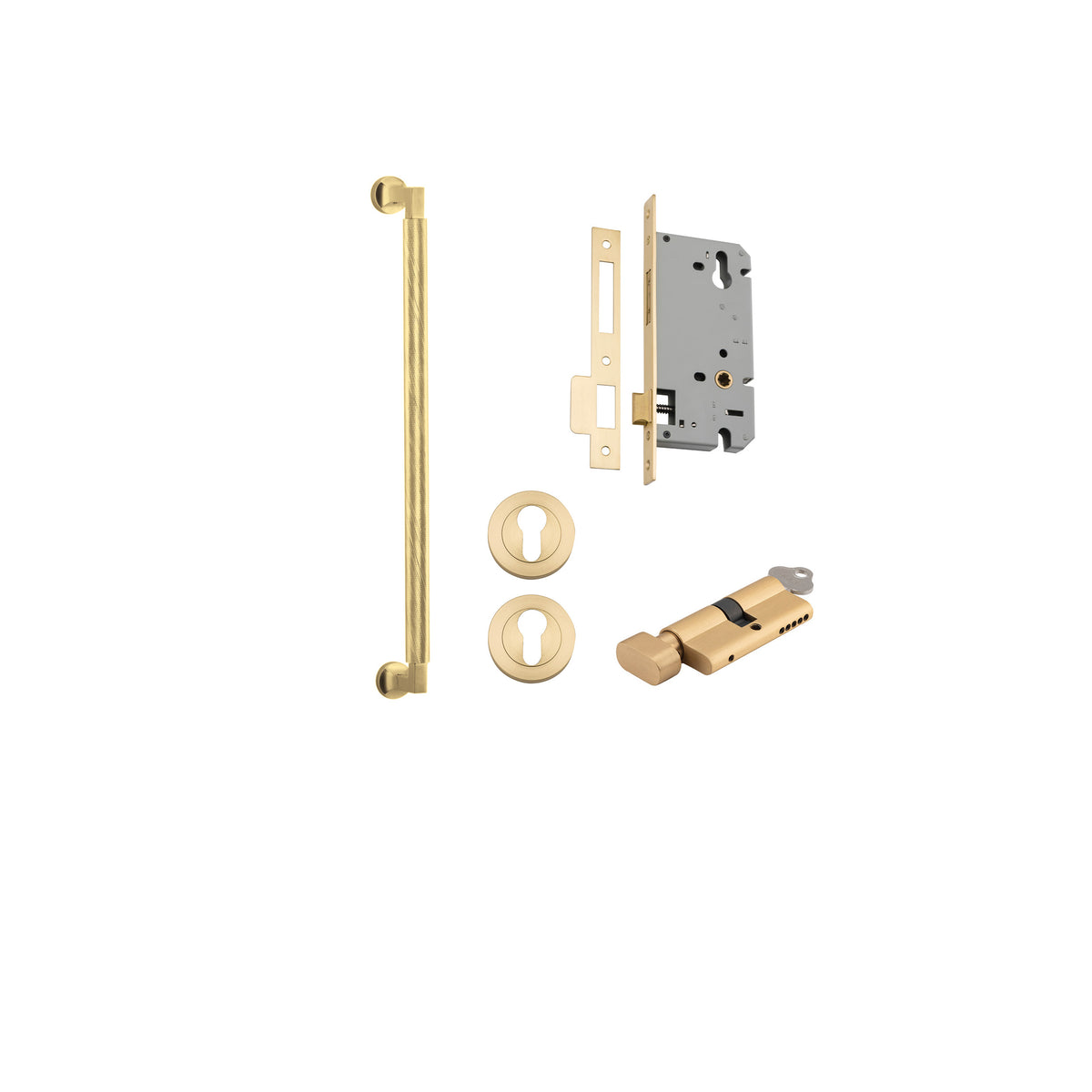 Iver Brunswick pull handle entrance kit with key and thumbturn, featuring sleek stainless steel door hardware, image showing handle details.
