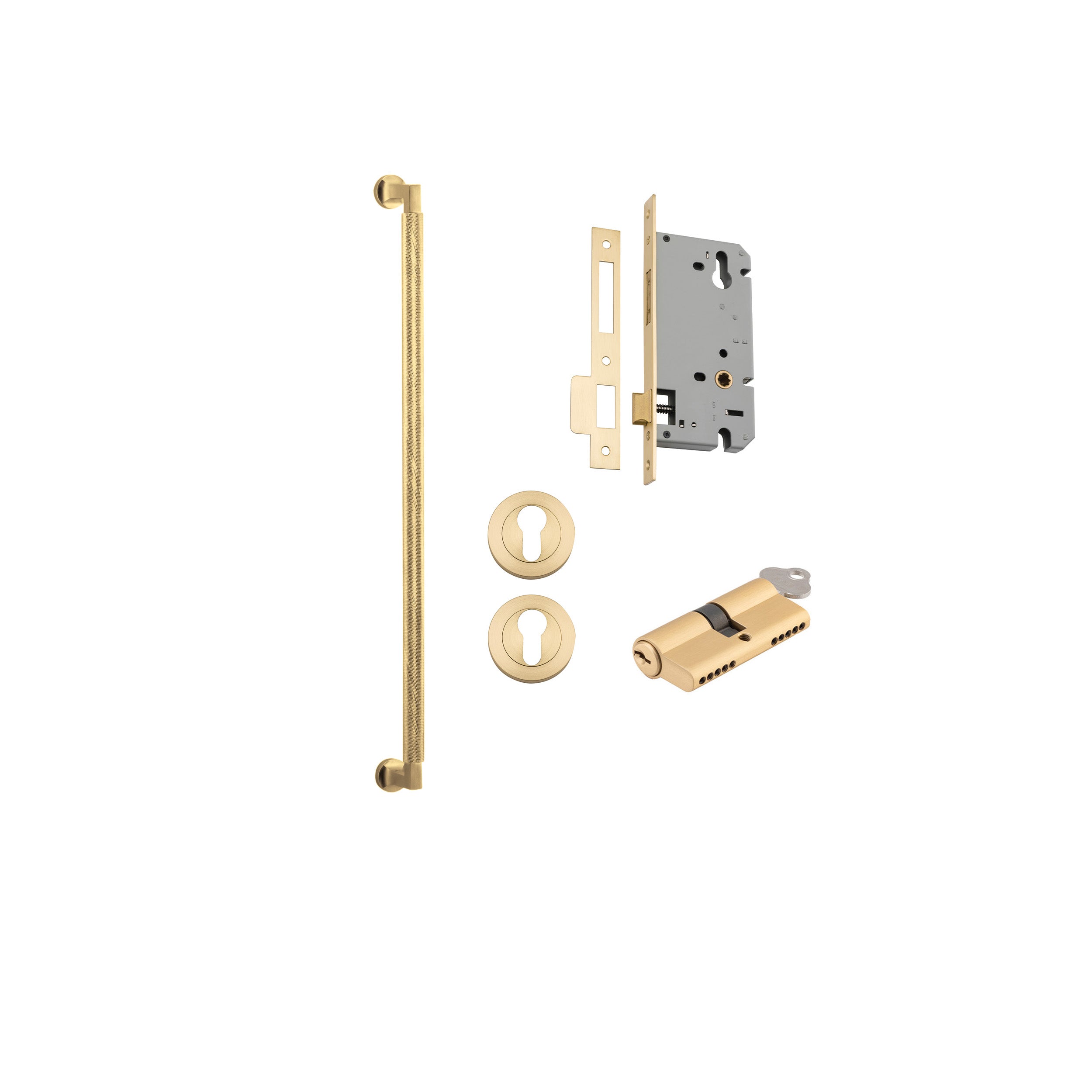 Pull Handle Brunswick Brushed Gold PVD L635xW22xP63mm BP35mm CTC600mm Entrance Kit, Mortice Lock Roller Euro Brushed Gold PVD CTC85 Backset 60, Euro Cylinder Dual Function 5 Pin Satin Brass L65 KA1, Escutcheon Euro Conc Fix Rnd Pair BG PVD D52xP10mm in Brushed Gold PVD
