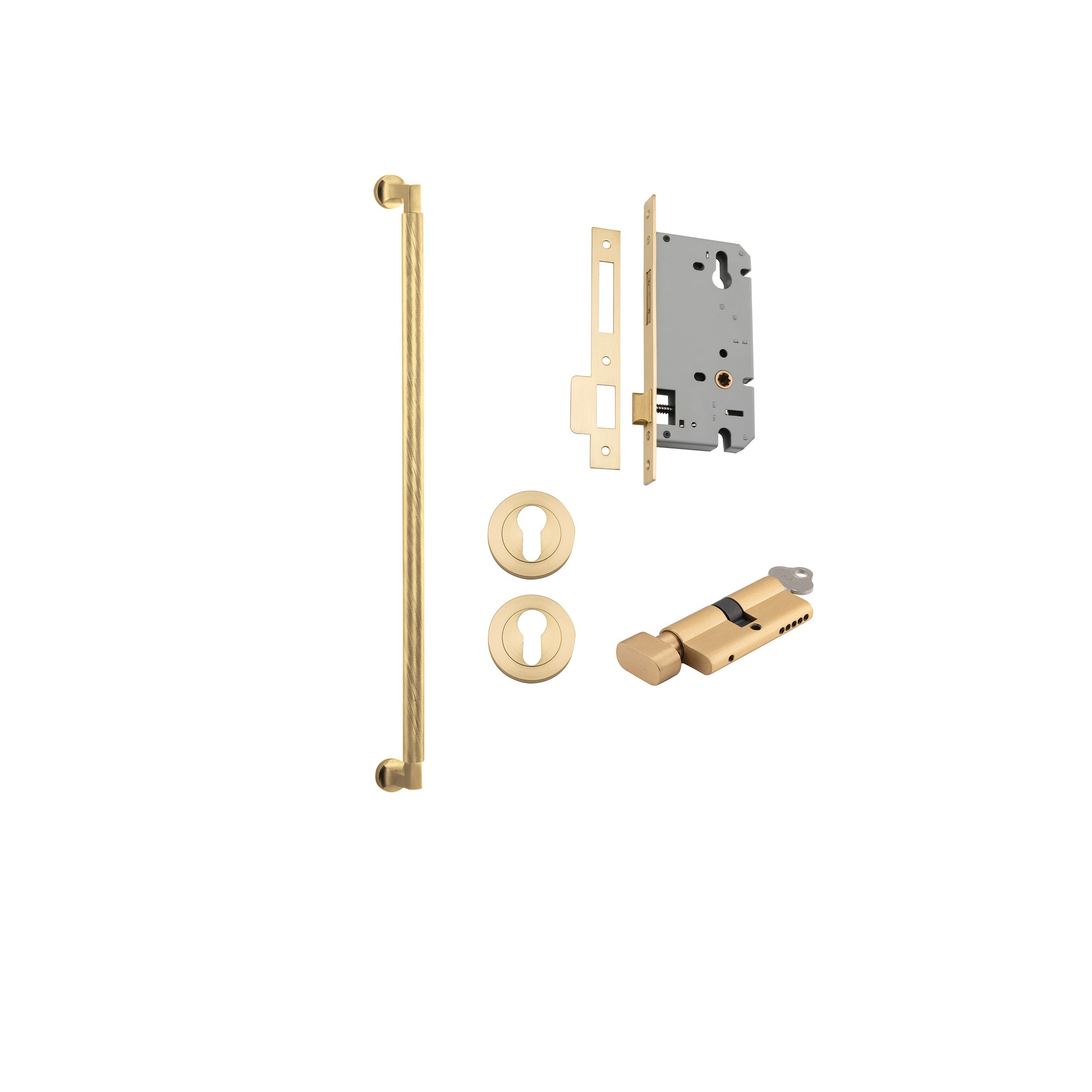 Pull Handle Brunswick Brushed Gold PVD L635xW22xP63mm BP35mm CTC600mm Entrance Kit, Mortice Lock Roller Euro Brushed Gold PVD CTC85mm Backset 60mm, Euro Cylinder Key Thumb 6 Pin Satin Brass L70mm KA1, Escutcheon Euro Conc Fix Rnd Pair BG PVD D52xP11 in Brushed Gold PVD