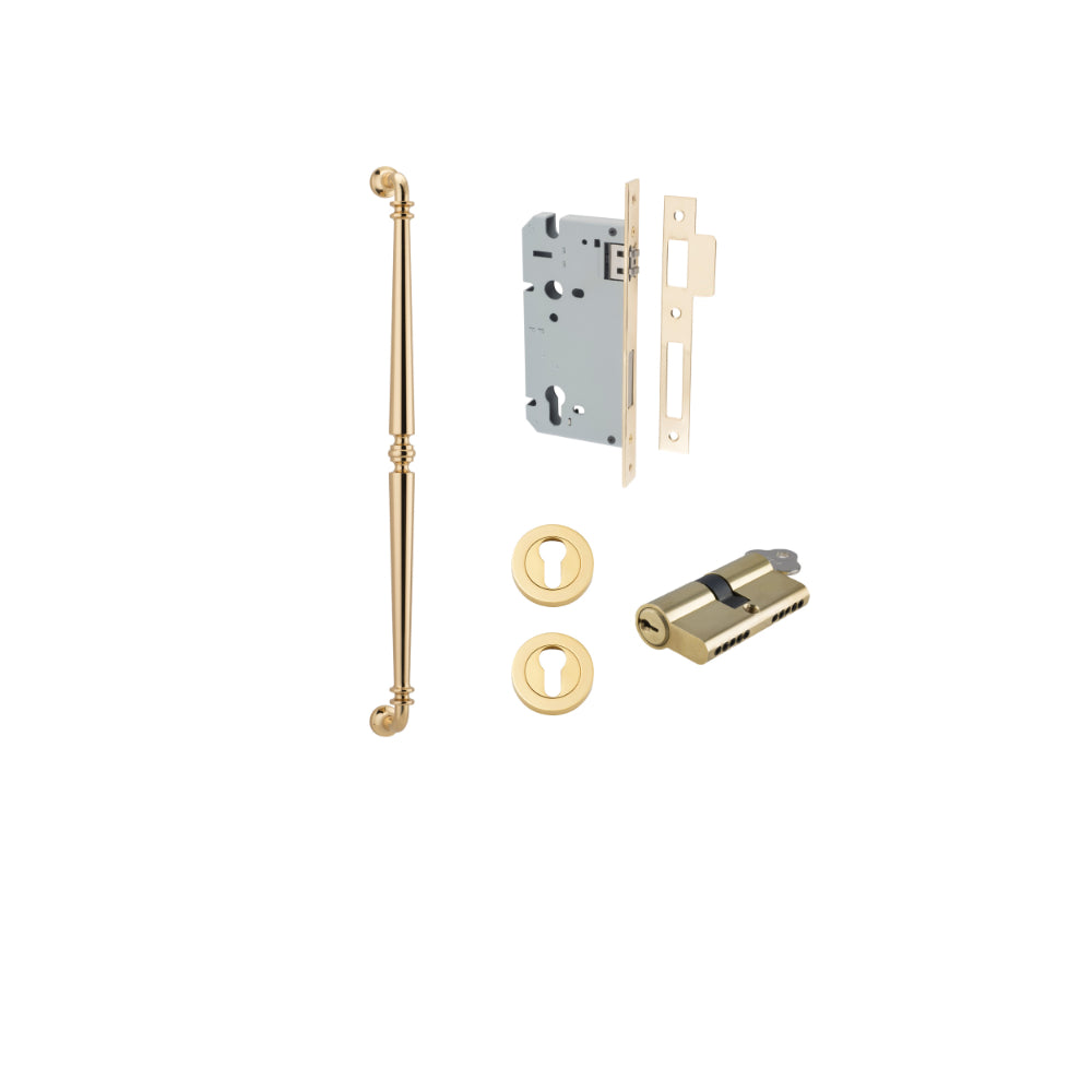 Pull Handle Sarlat Polished Brass L635xW32xP72mm BP35mm CTC600mm Entrance Kit, Mortice Lock Roller Euro Polished Brass CTC85mm Backset 60mm, Euro Cylinder Dual Function 5 Pin Polished Brass L65mm KA1, Escutcheon Euro Concealed Fix Round Pair Polis… in Polished Brass