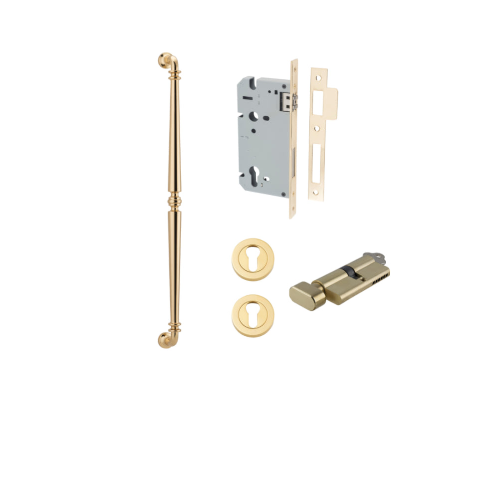 Pull Handle Sarlat Polished Brass L635xW32xP72mm BP35mm CTC600mm Entrance Kit, Mortice Lock Roller Euro Polished Brass CTC85mm Backset 60mm, Euro Cylinder Key Thumb 6 Pin Polished Brass L70mm KA1, Escutcheon Euro Concealed Fix Round Pair Polished … in Polished Brass