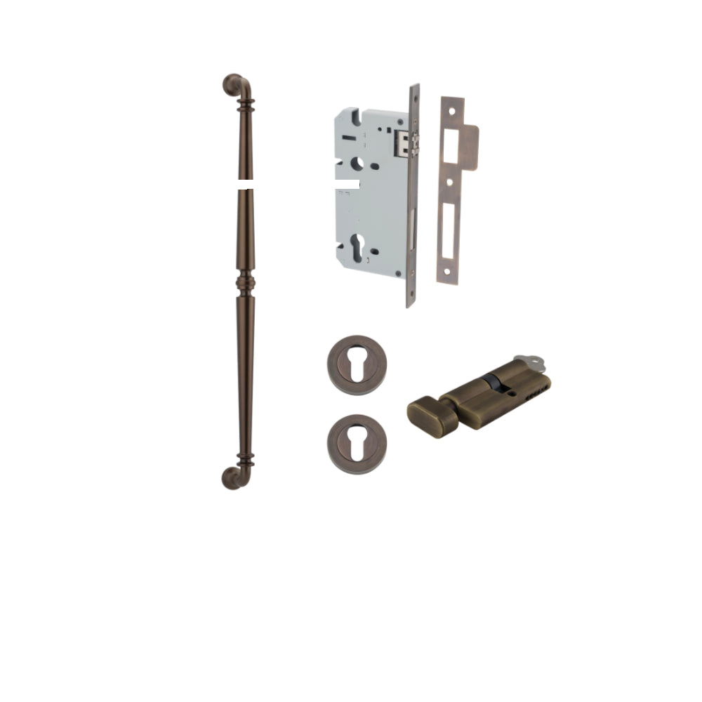 Pull Handle Sarlat Signature Brass L635xW32xP72mm BP35mm CTC600mm Entrance Kit, Mortice Lock Roller Euro Signature Brass CTC85mm Backset 60mm, Euro Cylinder Key Thumb 6 Pin Signature Brass L70mm KA1, Escutcheon Euro Concealed Fix Round Pair Signat… in Signature Brass